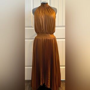 Elie Tahari Bronze Pleated Halter Maxi Dress | Metallic Fall Wedding Guest L